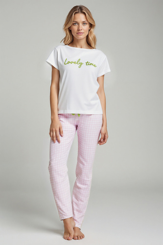 Pijamale dama Dana Sorbetto, roz - 100% bumbac, maneca scurta, pantaloni in carouri, set