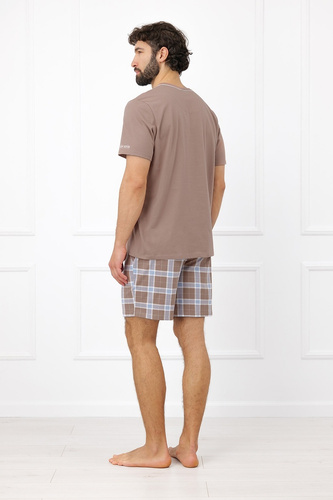 Pijamale bărbați Italian Fashion Dante bumbac scurt pantaloni scurți în carouri cu buzunare cappuccino
