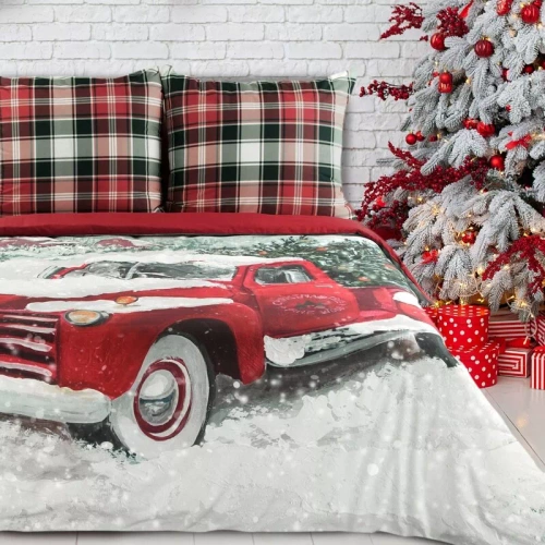 Set de lenjerie de pat Vinti Eurofirany de Crăciun – carouri roșii cu motiv de mașină, 100% bumbac