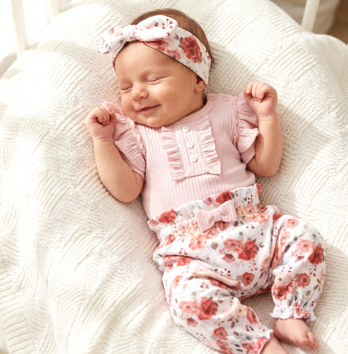 ABK-0057 Set pentru bebeluși NINI Roses din bumbac organic Body Pantaloni Bentita