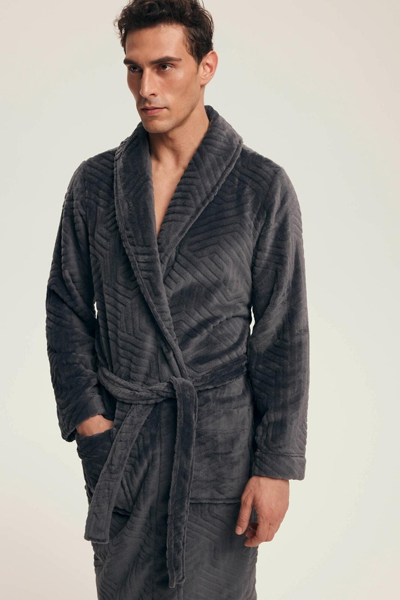 Halat de baie bărbătesc Henderson 43379 Nandu, gri - legat în talie, lungime până la genunchi