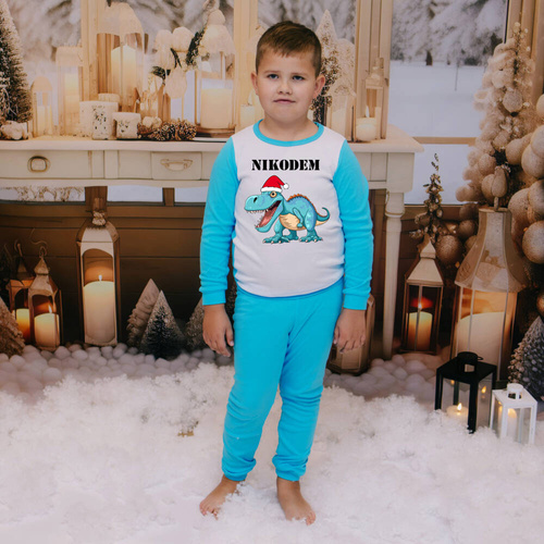 SKU P16 Pijamale de Crăciun pentru copii cu un dinozaur și numele Moocha, albastru