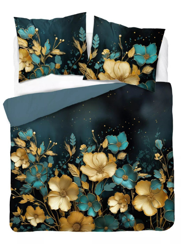 Set de lenjerie de pat din bumbac 5118 A Holland Detexpol, auriu închis și flori turcoaz – 100% bumbac, față-verso, producție poloneză