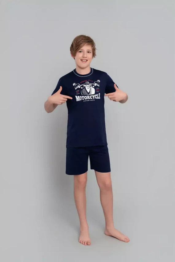 Pijama cu mânecă scurtă pentru băieți Gibson, pantaloni Italian Fashion - albastru marin