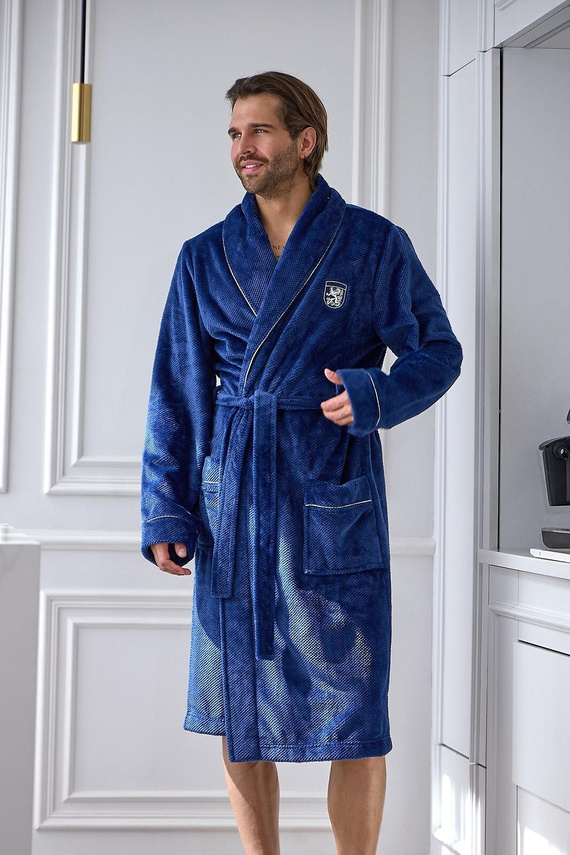 L&L 2661 Halat de baie elegant pentru bărbați, clasic, cu guler șal, moale, navy