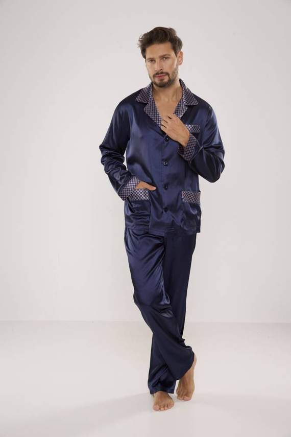 939 Pijama bărbătească din satin - albastru marin 