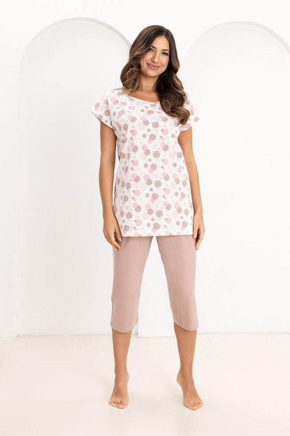 Pijama Damă Regina 730 din 100% Bumbac – Tricou cu Buline Colorate, Mânecă Scurtă, Pantaloni 3/4, Confort de Vară