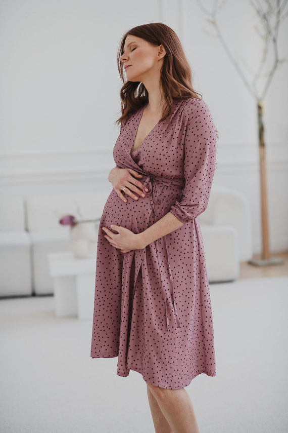 Rochie de maternitate si alaptare Milk Shake, maneca 3/4 Milk&Love, liliac cu buline