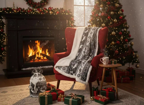 Pătură de Crăciun SACO gri cenușiu – moale și călduroasă cu reni și brazi de Crăciun într-o pungă decorativă