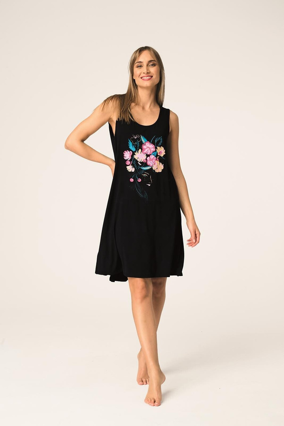 Key LND 560 cămașă de noapte neagră din bambus cu imprimeu