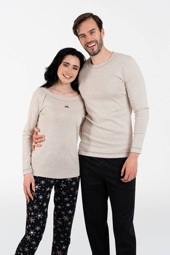 Denali Pijama de damă cu mânecă lungă, pantaloni lungi Italian Fashion- bej melange/print