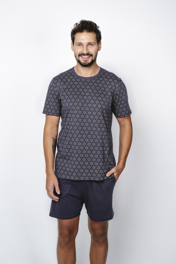Ricardo Pijama cu mânecă scurtă pentru bărbați, pantaloni scurți Italian Fashion - albastru navy/print