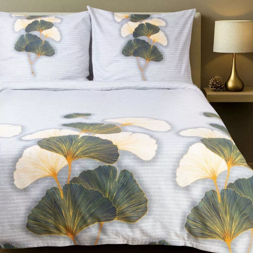 31510/1 Set de lenjerie de pat din flanel Flanellove Darymex gri verde frunze de ginkgo – set, 100% bumbac, cald și moale