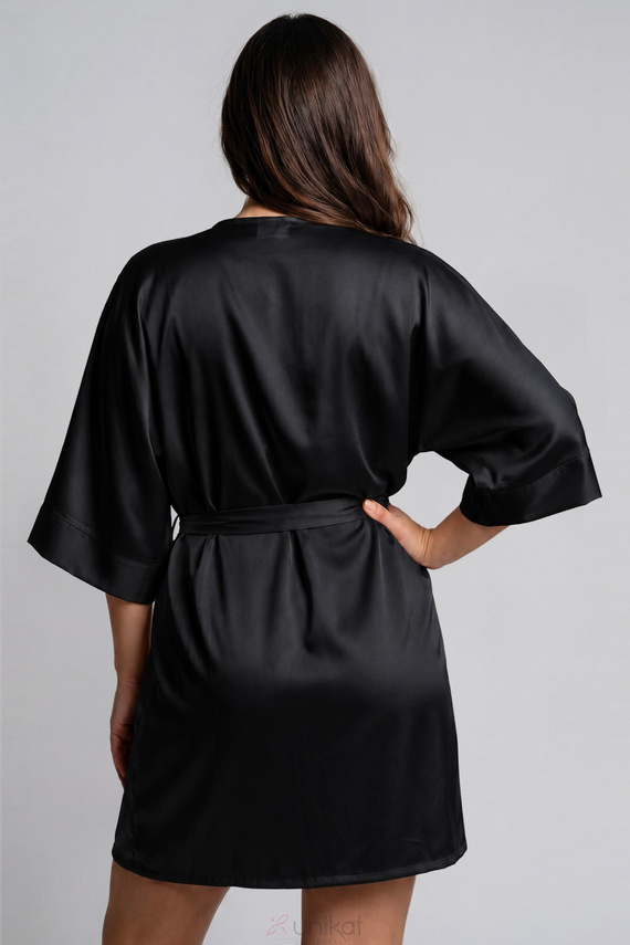 Halat de satin Beja Unikat negru elegant, cu cordon pentru legat