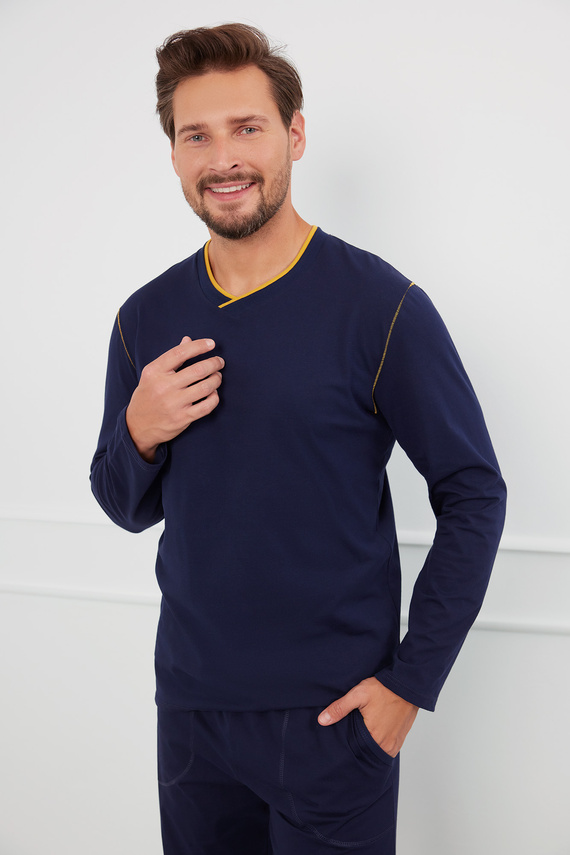 Ludwik Pijama cu mânecă lungă pentru bărbați, pantaloni lungi Italian Fashion - albastru marin