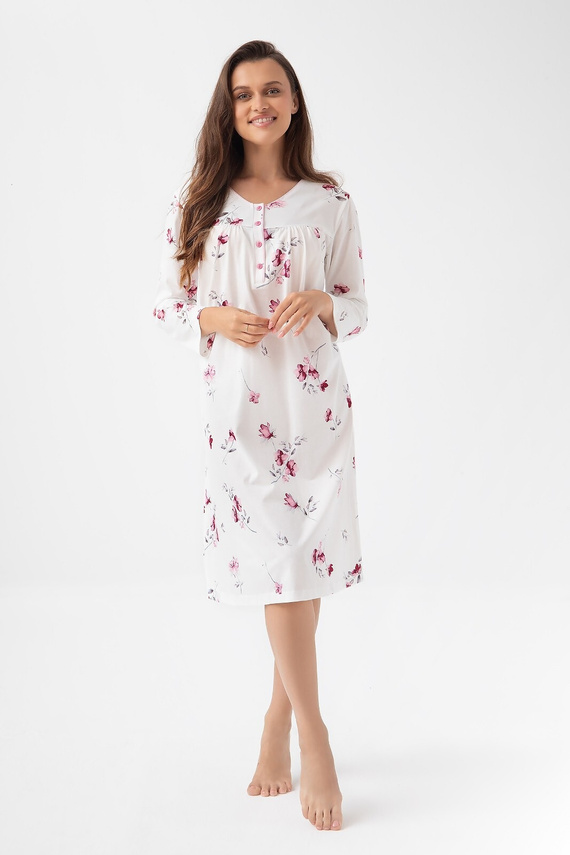 Cămașă de noapte 338 Luna ecru – bumbac, mâneci lungi, decolteu cu nasturi