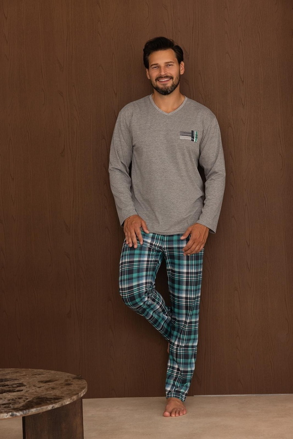 Regina 6011 Pijamale bărbați 100% bumbac mânecă lungă pantaloni în carouri gri