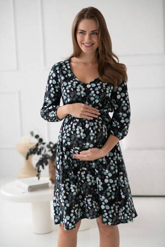 Lovely Dress Rochie midi de maternitate si alaptare cu maneci 3/4 Milk&Love cu frunze de eucalipt