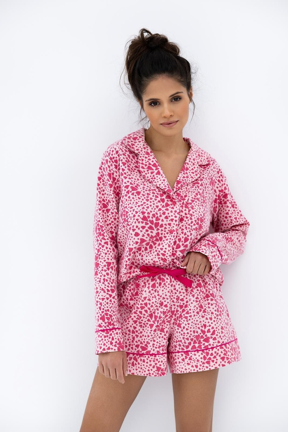 Pijamale pentru femei Kenzie Sensis, roz – bumbac, flanel, nasturi, model cu inimă