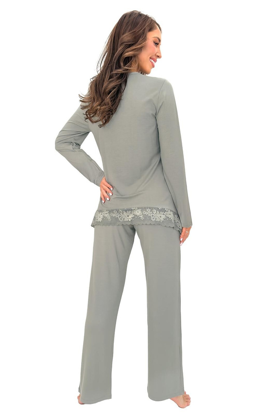 Pijamale damă Donna Ramona Long din vâscoză cu dantelă, mânecă lungă, pantaloni lungi, culoare măslinie