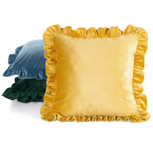 Față pernă Brenda 45x45 verde salvie catifea cu volane mustard