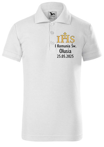 „Prima Împărtășanie cu nume și data” Tricou polo cu mânecă scurtă Moocha, alb
