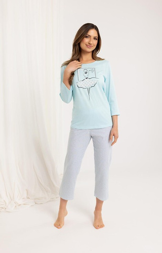 716 Pijamale dama Regina, turcoaz - bumbac, maneci 3/4, pantaloni 7/8 cu modele