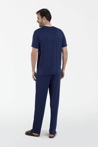 Akord Pijama cu mânecă scurtă pentru bărbați, pantaloni lungi Italian Fashion - albastru marin