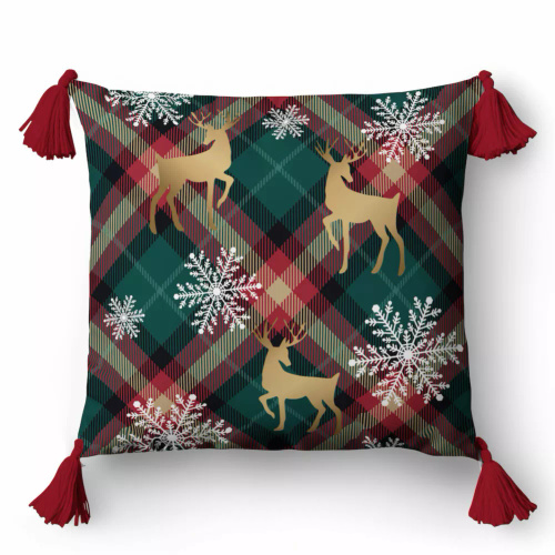 5381 Față de pernă decorativă Detexpol de Crăciun Deco cu reni și fulgi de zăpadă pe un fundal în carouri - fermoar