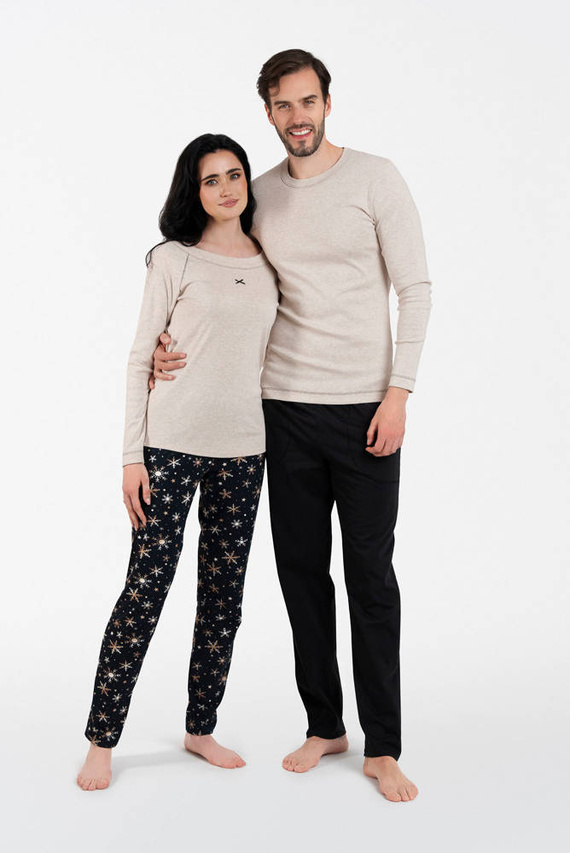 Denali Pijama de damă cu mânecă lungă, pantaloni lungi Italian Fashion- bej melange/print