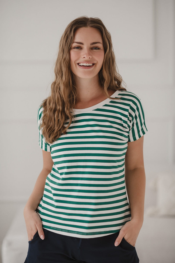 Bluză reversabilă de maternitate și alăptare Two Ways | Mânecă scurtă, confortabilă Milk&Love dungi verzi și albe