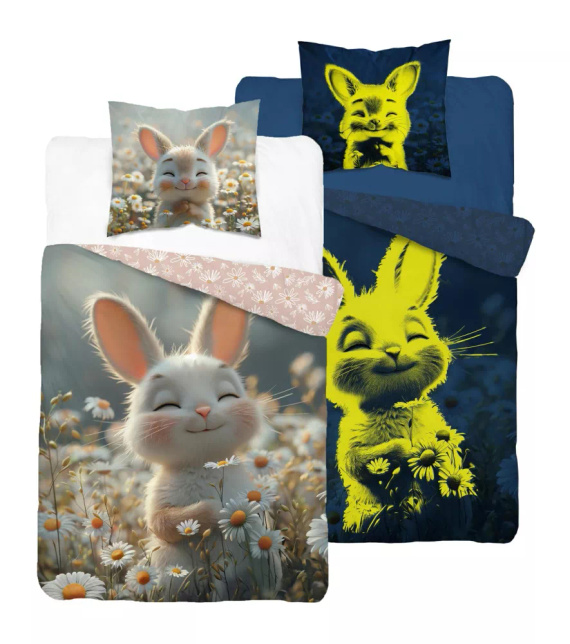 5548 A Fluo 95 Lenjerie de pat Glow in the dark, iepuraș în flori, 100% bumbac | Pentru copii Detexpol