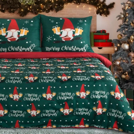 Lenjerie de pat de Crăciun Galdor din microfibră Europerdele verde roșu gnomi - moale, ușoară și ușor de întreținut, cu fermoar