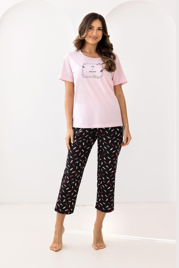 Pijama 733 Regina – din bumbac, cu mânecă scurtă, decolteu semicircular, print decorativ