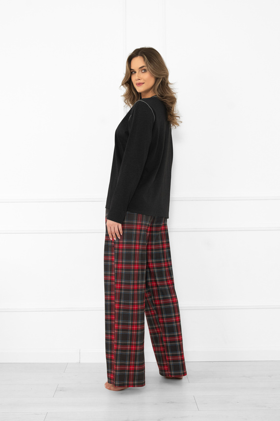 Pijama pentru femei Italian Fashion din bumbac melange închis, cu mânecă lungă și pantaloni, în carouri 