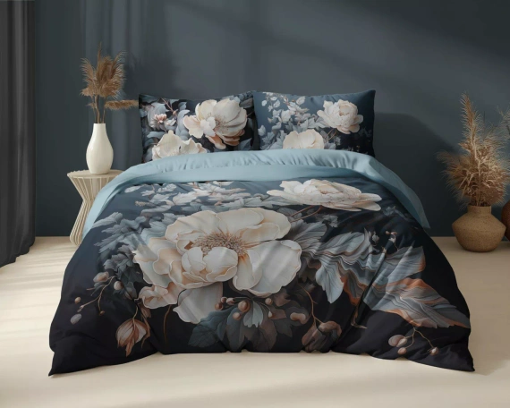 Set de lenjerie de pat 5131 A Holland Detexpol din bumbac, închis la culoare cu bujori bej și crem – 100% bumbac, față-verso, producție poloneză