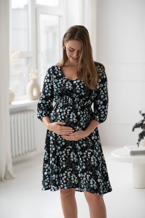 Lovely Dress Rochie midi de maternitate si alaptare cu maneci 3/4 Milk&Love cu frunze de eucalipt