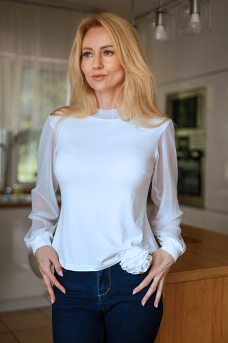 Mirale Freya Bluză damă din viscoză cu mâneci din tul și guler înalt, elegantă - ecru