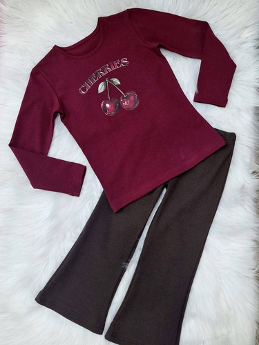 Bluză bordo din bumbac pentru fete, Cherries Bambarillo, cu mânecă lungă și imprimeu