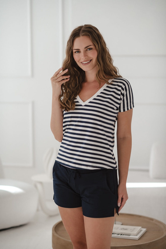 Bluză reversabilă de maternitate și alăptare Two Ways | Mânecă scurtă, confortabilă Milk&Love bleumarin și dungi albe