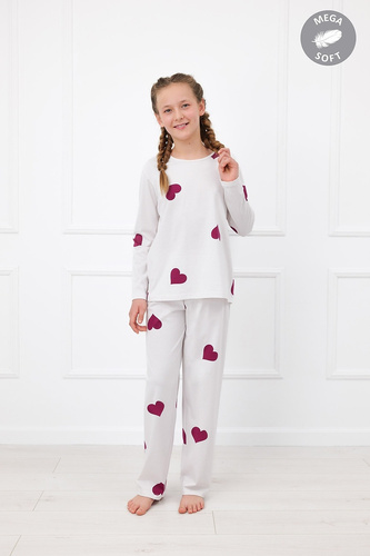 Italian Fashion Kioga pijama fete Mega Soft lungă ecru cu inimioare