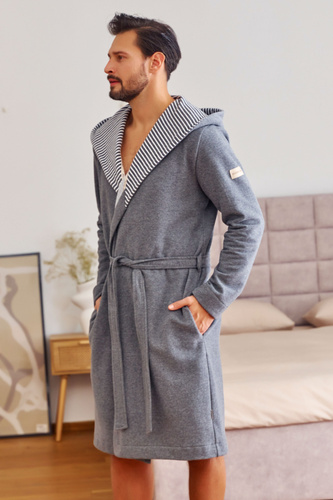 7230 Halat de baie pentru bărbați Doctor Nap - bumbac, glugă, finisaje elegante - gri închis