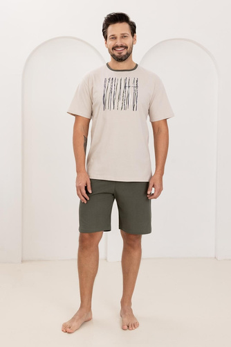 Pijama Bărbați 500 Regina – 100% Bumbac Natural, Tricou cu Mânecă Scurtă și Pantaloni Scurți pentru Confort Maxim