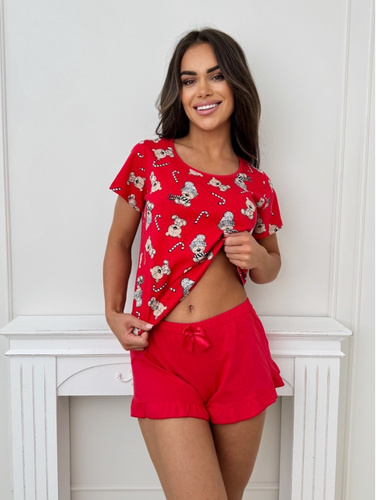 Pijamale pentru femei Bear Short Donna - Bumbac, Crăciun, cu volane