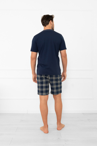 Pijama pentru bărbați Andreas - mânecă scurtă, pantaloni lungi, bumbac Modă italiană - albastru marin/print 