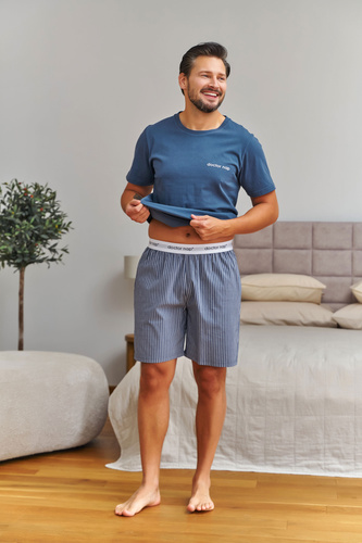 7424 Doctor Nap pijama bărbați bumbac denim blue pantaloni scurți cu dungi