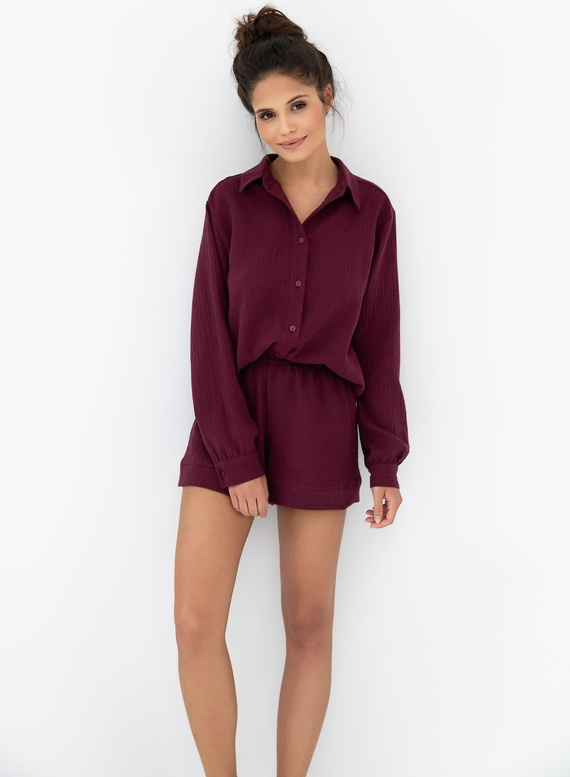 Pijamale de damă Ivory Sensis, vișiniu - bumbac muselină, mâneci lungi, închidere cu nasturi