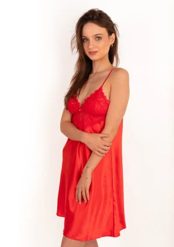 Halka Dkaren Alice satynowa cu dantelă, scurtă, elegantă, cu bretele - roșie