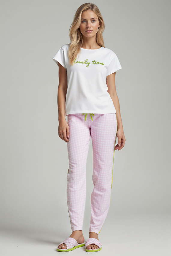 Pijamale dama Dana Sorbetto, roz - 100% bumbac, maneca scurta, pantaloni in carouri, set