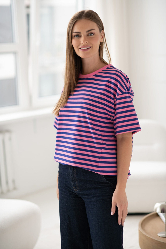 Tricou pentru maternitate și alăptare Mamahood Milk&Love, dungi roz și albastre - confortabil și elegant